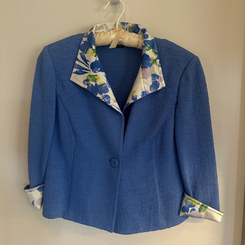 St. John Blue Blazer with Floral Trim